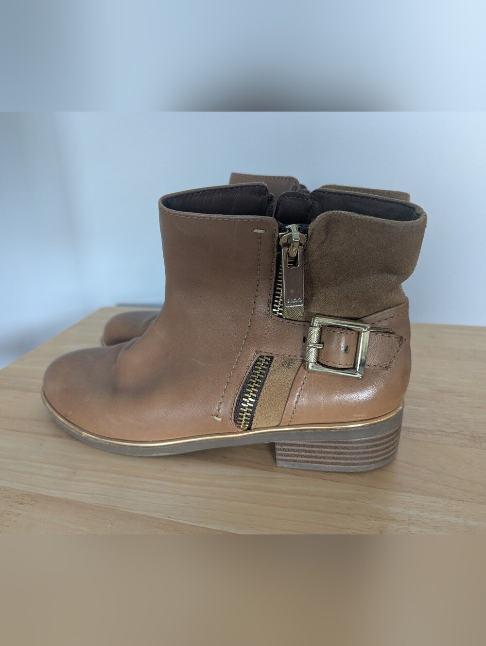 Aldo Tan Brown Leather & Suede Ankle Boot with Zipper &:Buckle